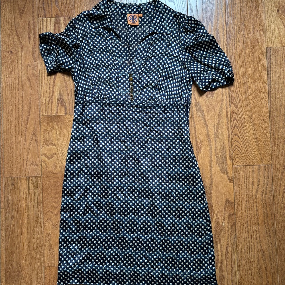Tory Burch Blue and White Puff Sleeve Sheath Dress